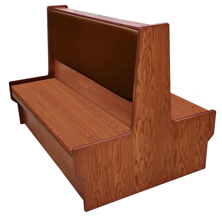 Shepard wood restaurant booth with autumn haze stain, chestnut vinyl back & wood seat