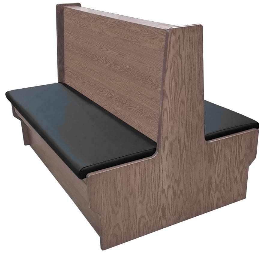 Shepard wood restaurant booth with dove gray stain, black vinyl seat & wood back