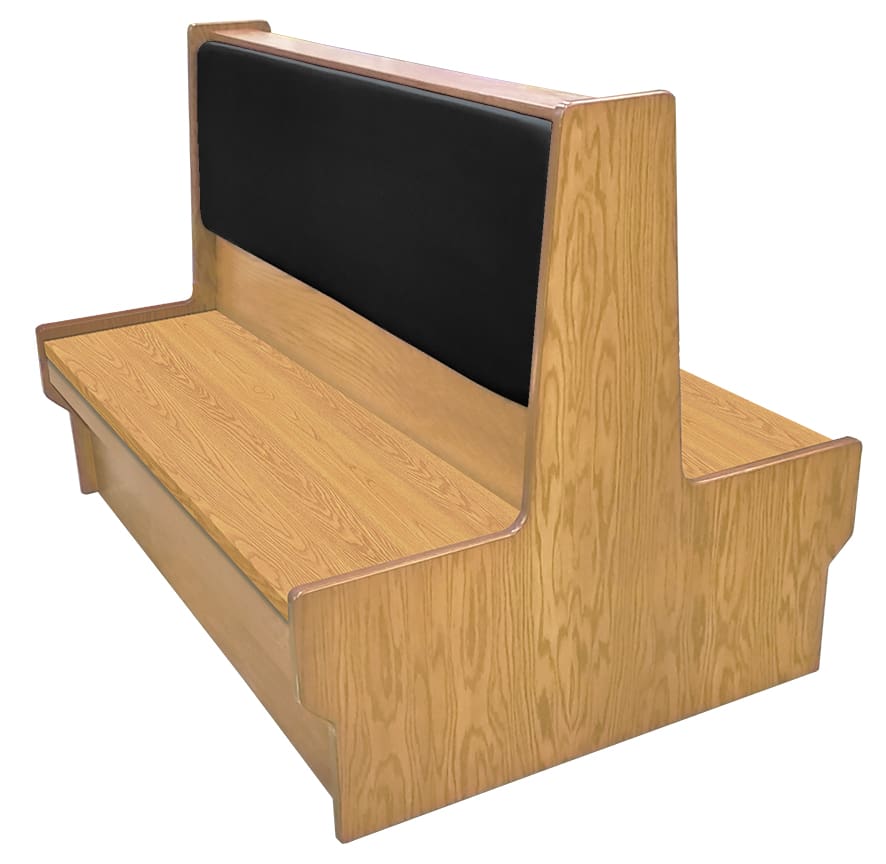 Shepard wood restaurant booth with natural clear coat stain, black vinyl back & wood seat